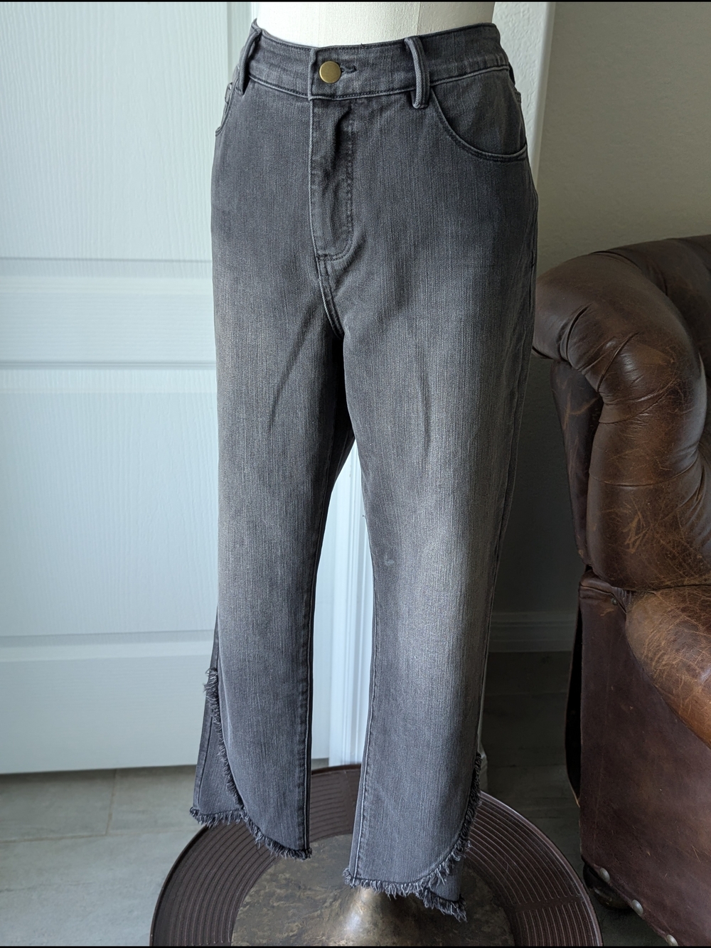 High-Rise Gray Frayed Hem Jeans